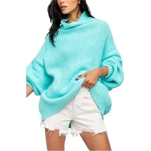 FREE PEOPLE Swim Too Deep Oversized Turtleneck Sweater Aqua Small - Picture 1 of 6